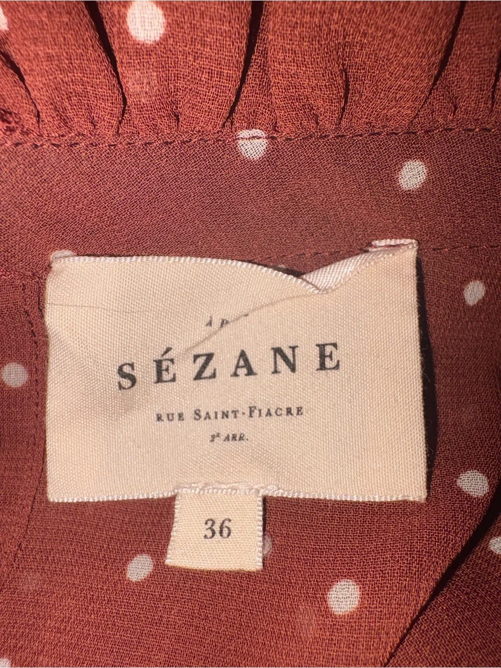 Sezane Muse Dress in Moka Polka Dot, High-Neck Rust Pleated Midi Dress FR36/US4 - Picture 4 of 5